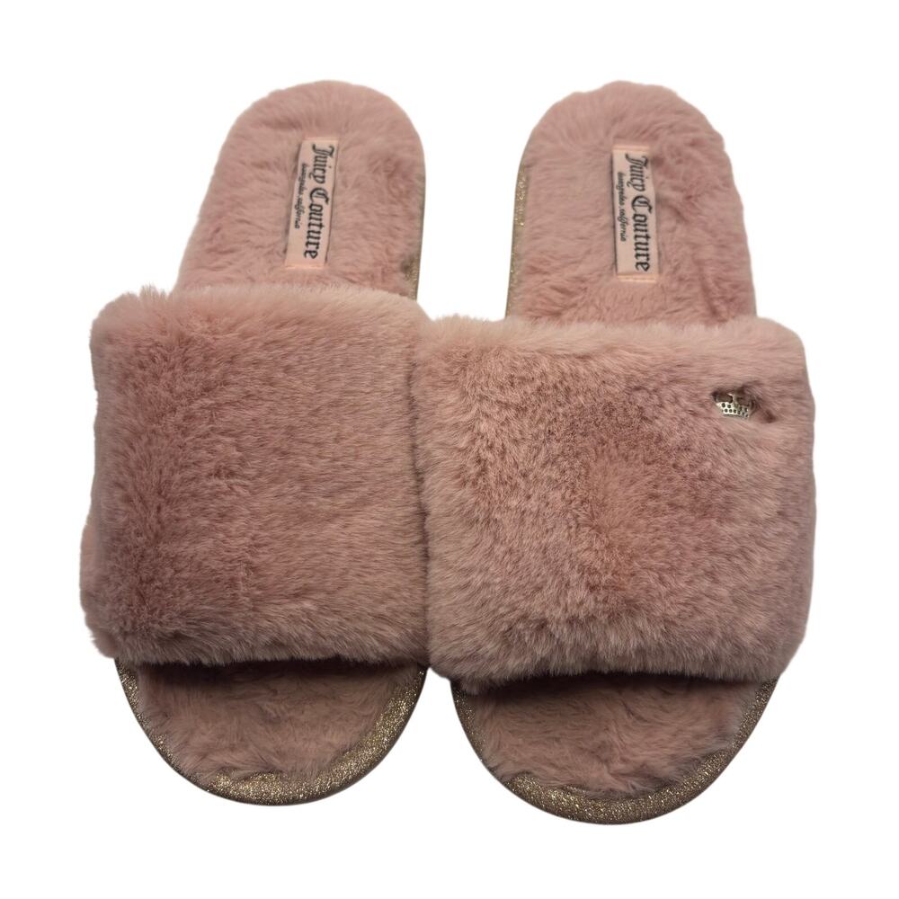 Juicy Couture Pink Faux Fur Slide Slippers Womens Size L Glitter Sole Cozy Soft